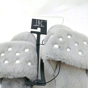 INC Women's Fuzzy Pearl Accent Slipper Slides, Gray, Size XL 11/12